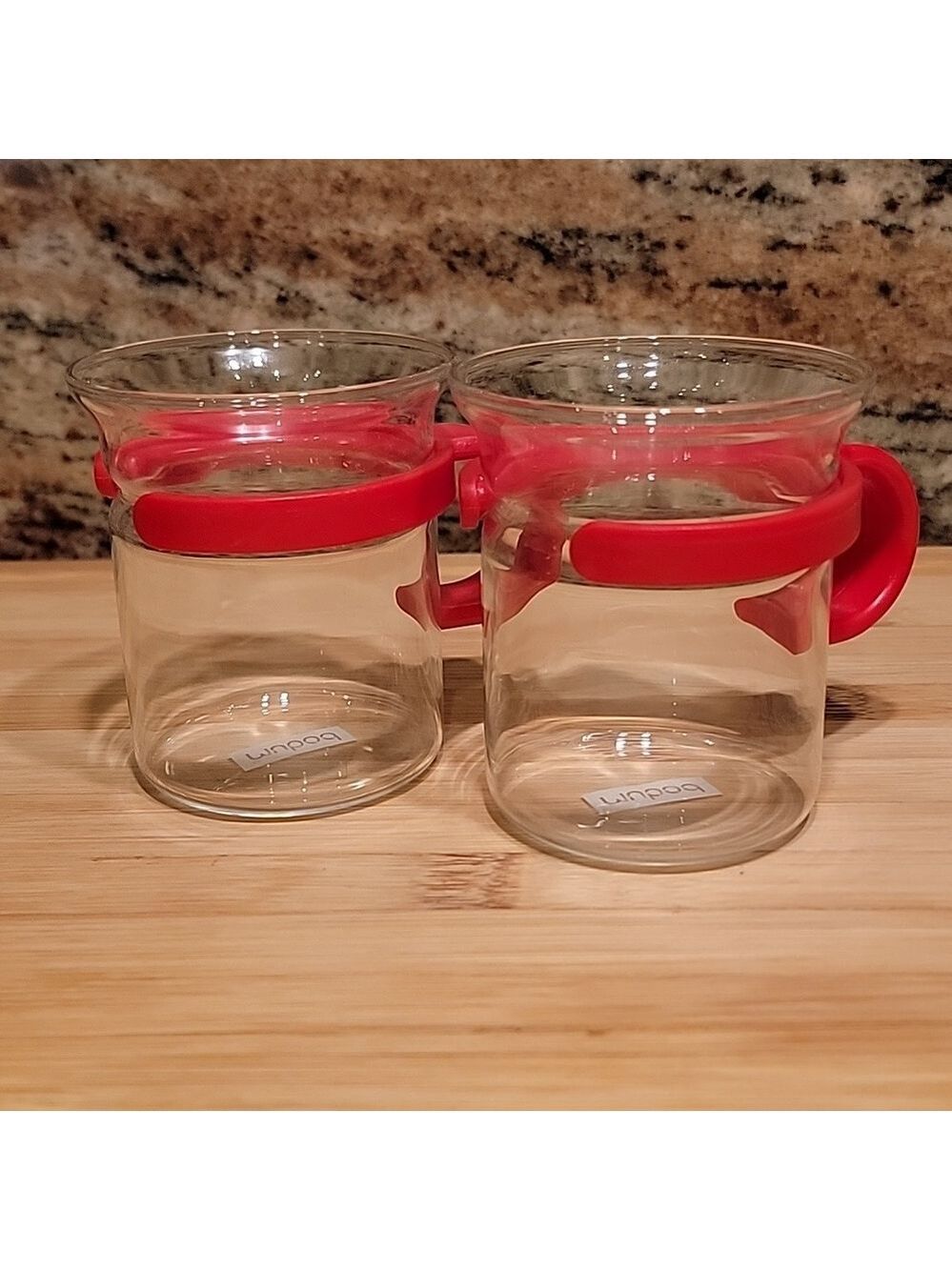 set of 2 Danish BODUM Red Round Handle Glass Espresso Coffee Mugs